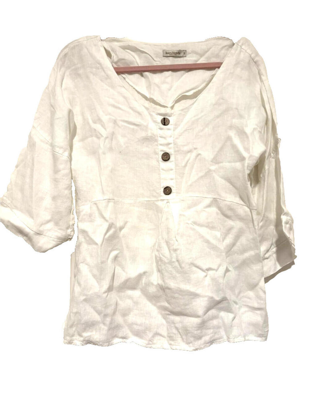 Laura Bianchi Italy sz M white linen blouse 3/4 length wide sleeves #3520
